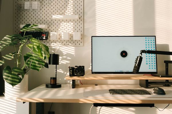 Sunlight hitting a green plant on a wooden desk.